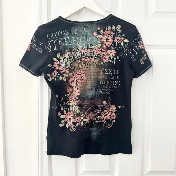 Jamee J Vintage USA Y2K Black Grand Ale Dark Romantic Baby Tee Top Large French - Picture 6 of 9